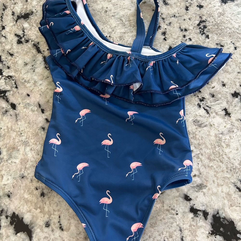 Kids Flamingo Ruffle One Piece Swimsuit - Blue